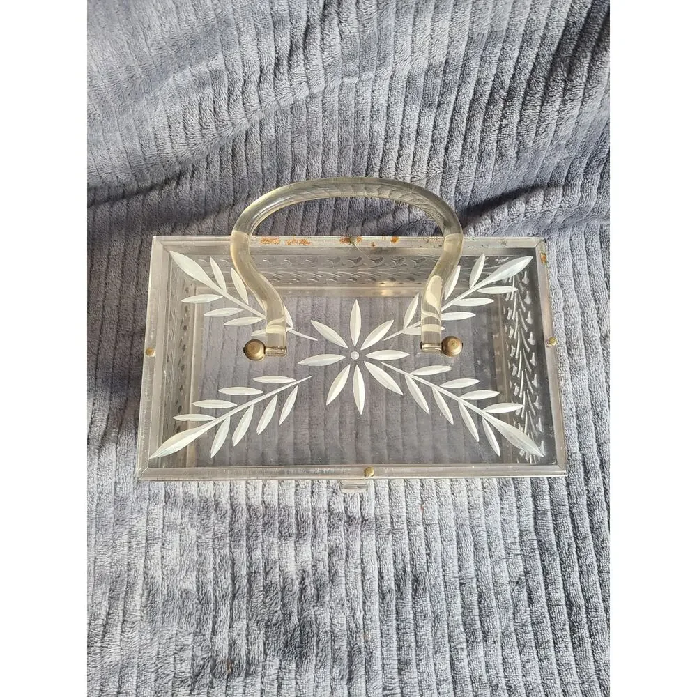Vintage 1950s MCM clear etched floral Lucite & silver filigree chrome box purse